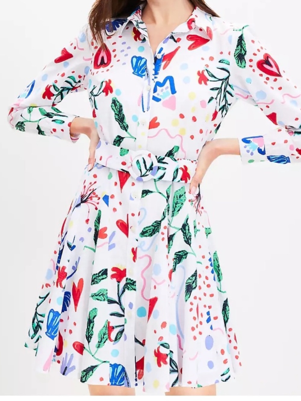 Loft Tropical Rhythm Godet Multicolor Shirtdress with Belt